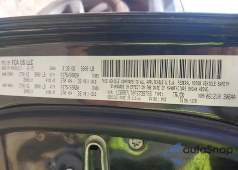 2015 Ram 1500 Outdoorsman z USA, uszkodzony, nr VIN 1C6RR7LT0FS739756